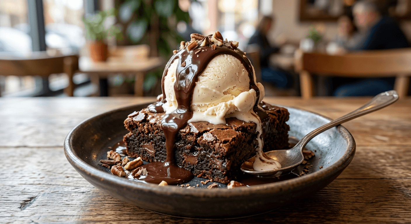 Brownie quente com bola de sorvete de creme e calda de chocolate, servido em prato de restaurante