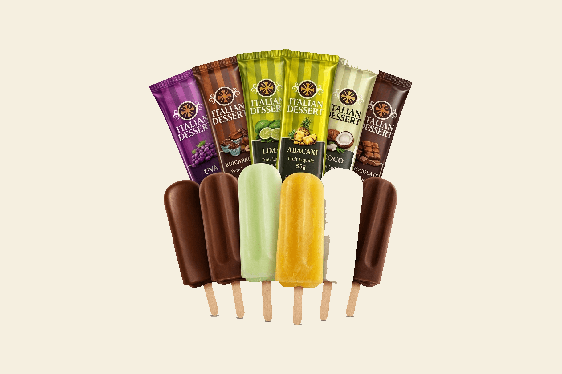 Picolés Italian Dessert nos sabores uva, limão, abacaxi, coco, chocolate e brigadeiro para revenda